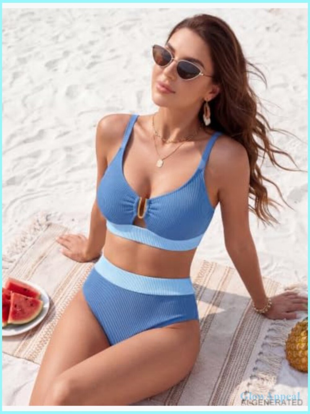 High Waisted Ribbed Bikini Set V Neck Cutout Lace Up Back Tankini Two Piece - Picture 3 of 7
